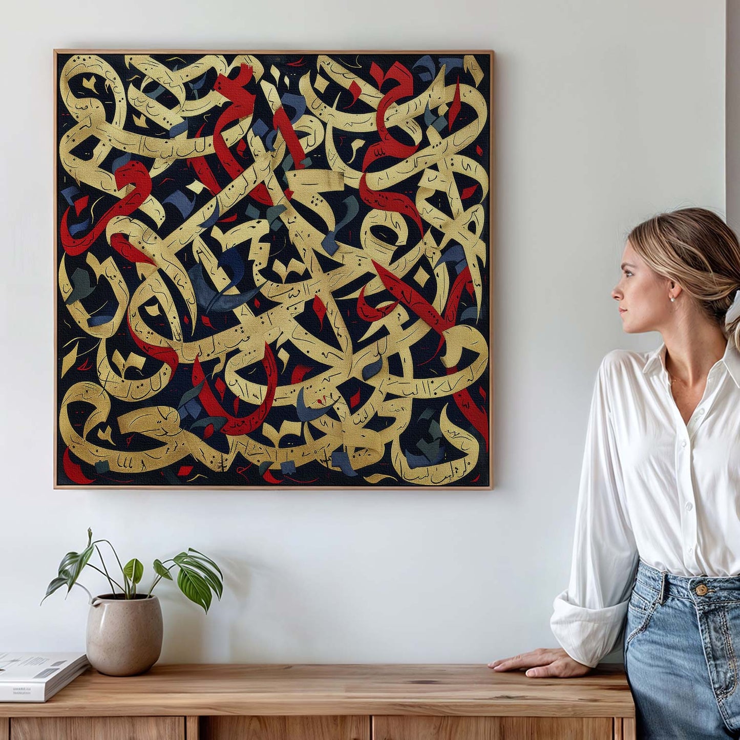 Tableau sur toile calligraphie doré et rouge KWADECO