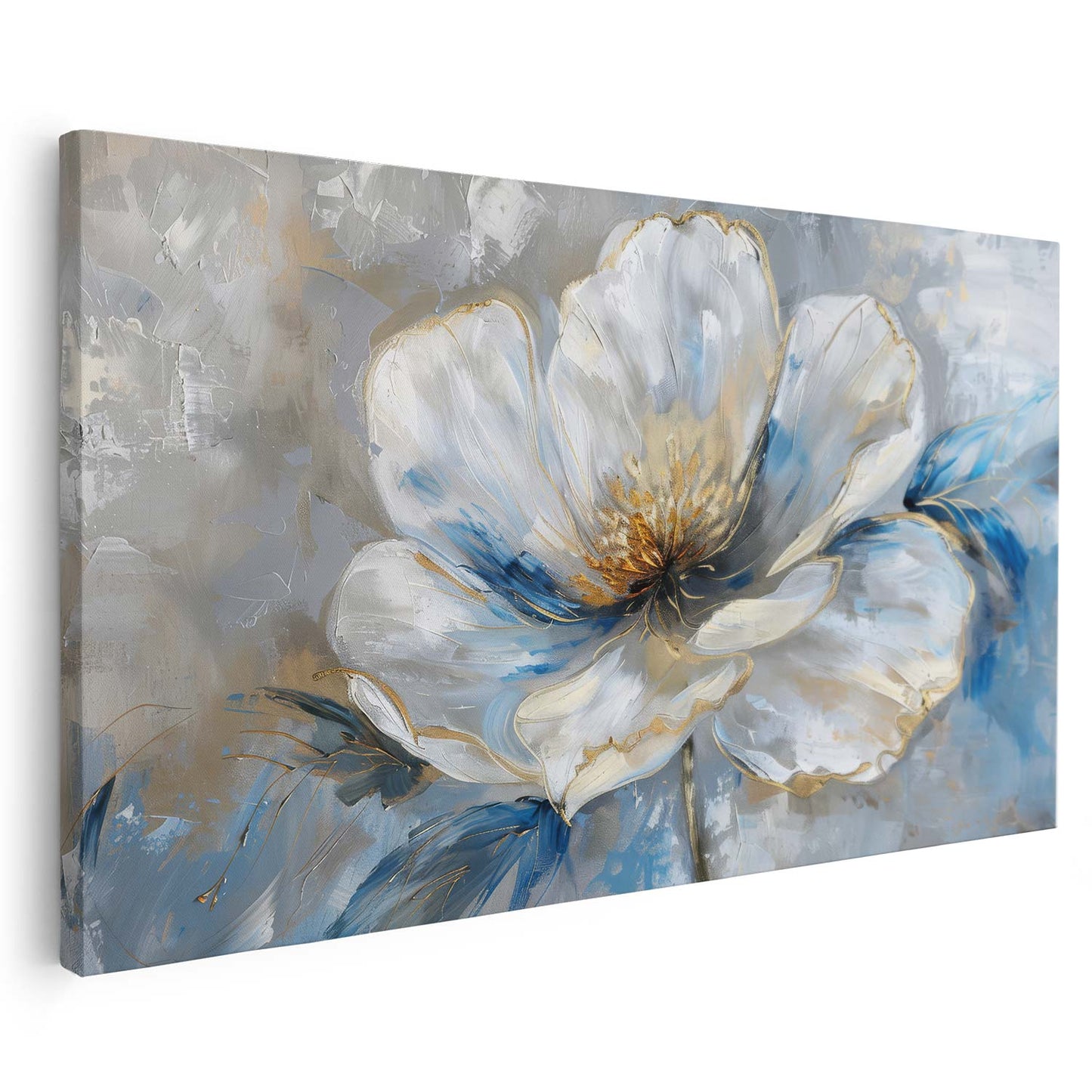 Tableau sur toile d'une fleur blanche avec des taches bleues KWADECO