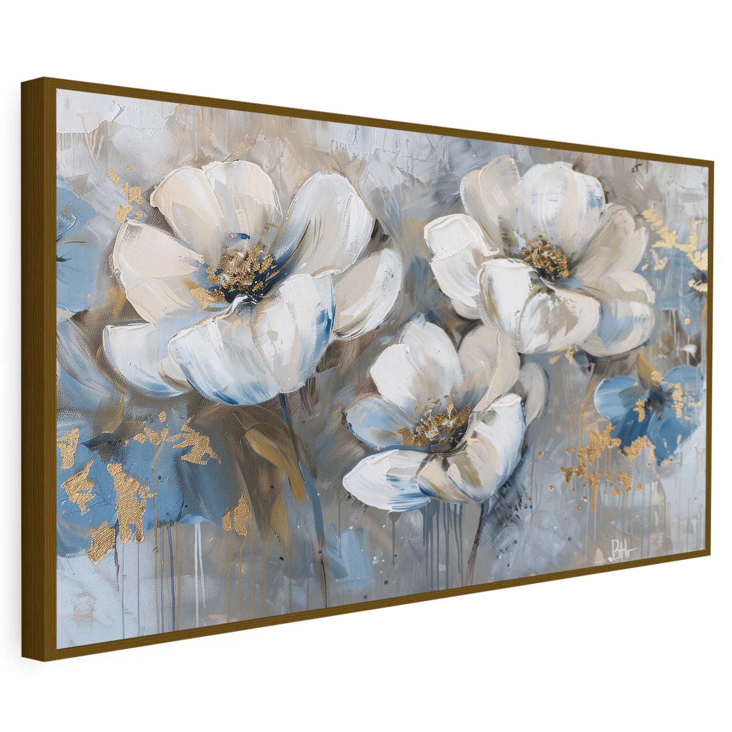 Tableau sur toile d'abstrait fleur avec taché doré et bleu KWADECO