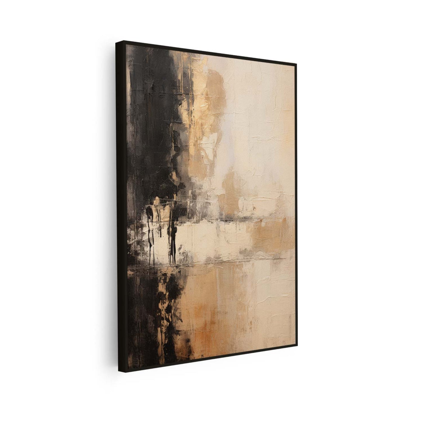 Tableau sur toile verticale d'art abstrait doré et noir moderne KWADECO