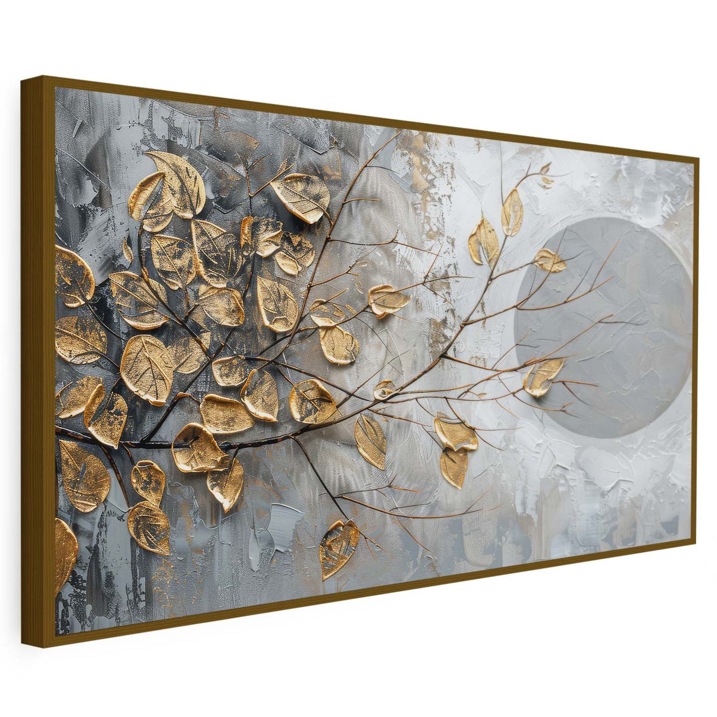 Tableau sur toile abstraite avec des feuilles d'arbre dorées KWADECO