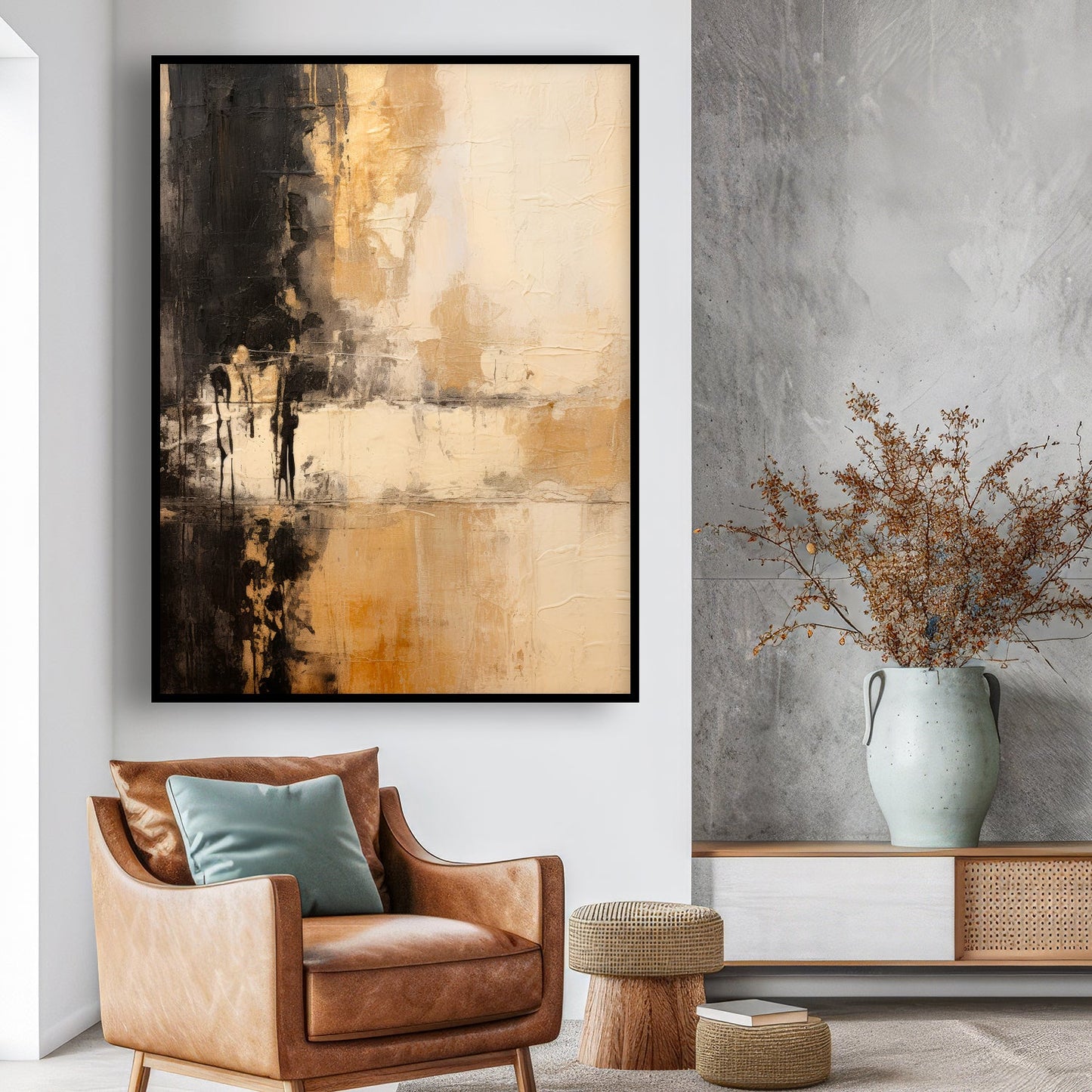Tableau sur toile verticale d'art abstrait doré et noir moderne KWADECO