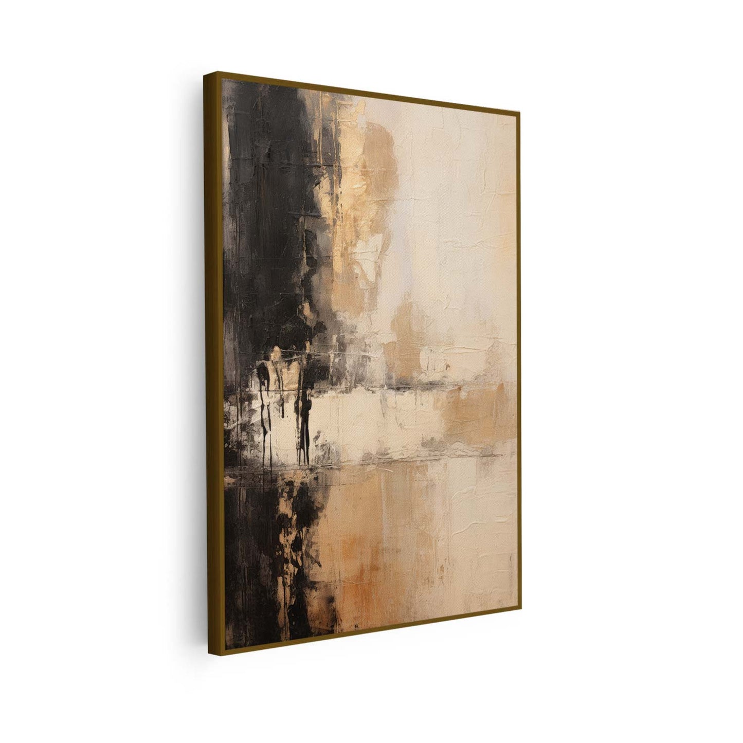 Tableau sur toile verticale d'art abstrait doré et noir moderne KWADECO