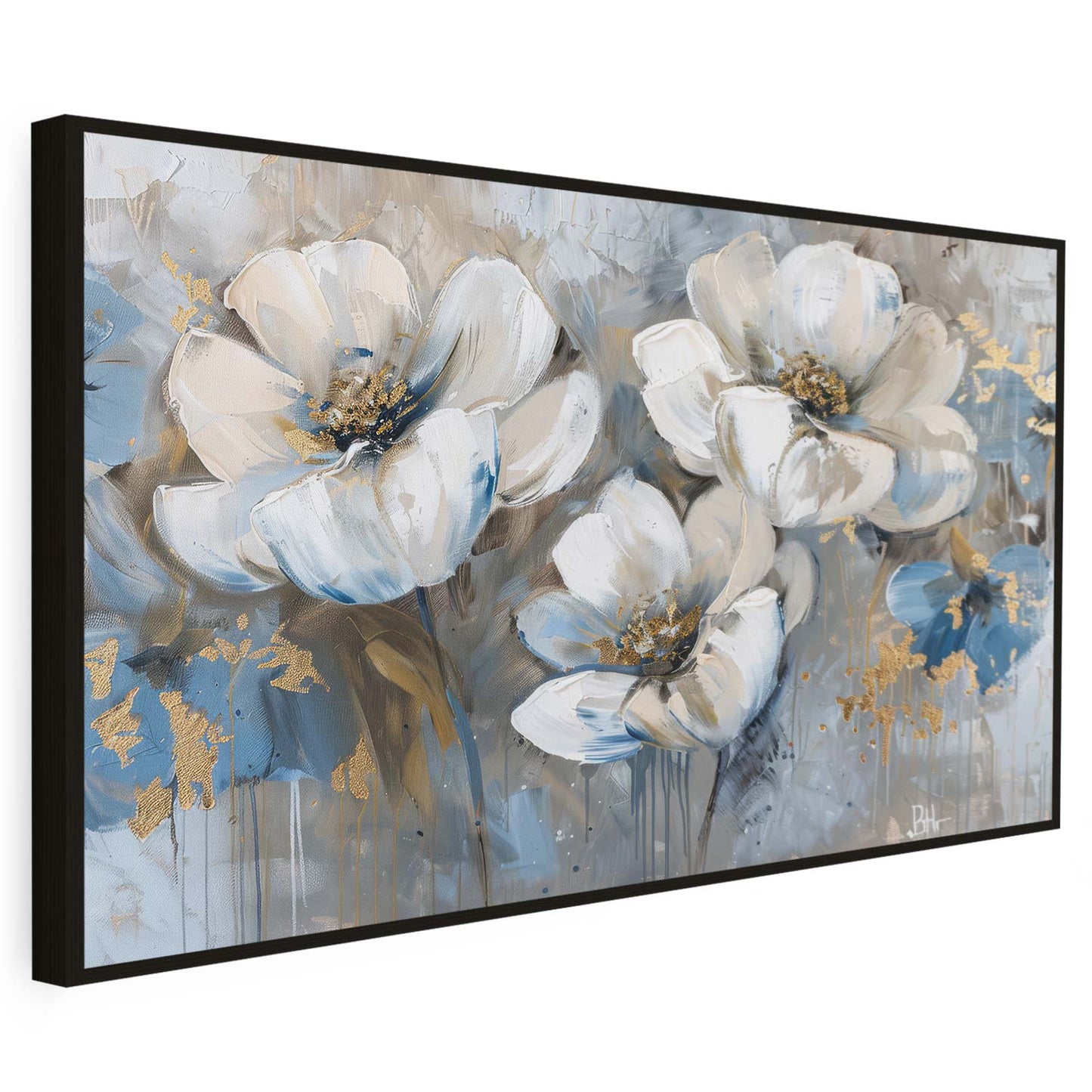 Tableau sur toile d'abstrait fleur avec taché doré et bleu KWADECO