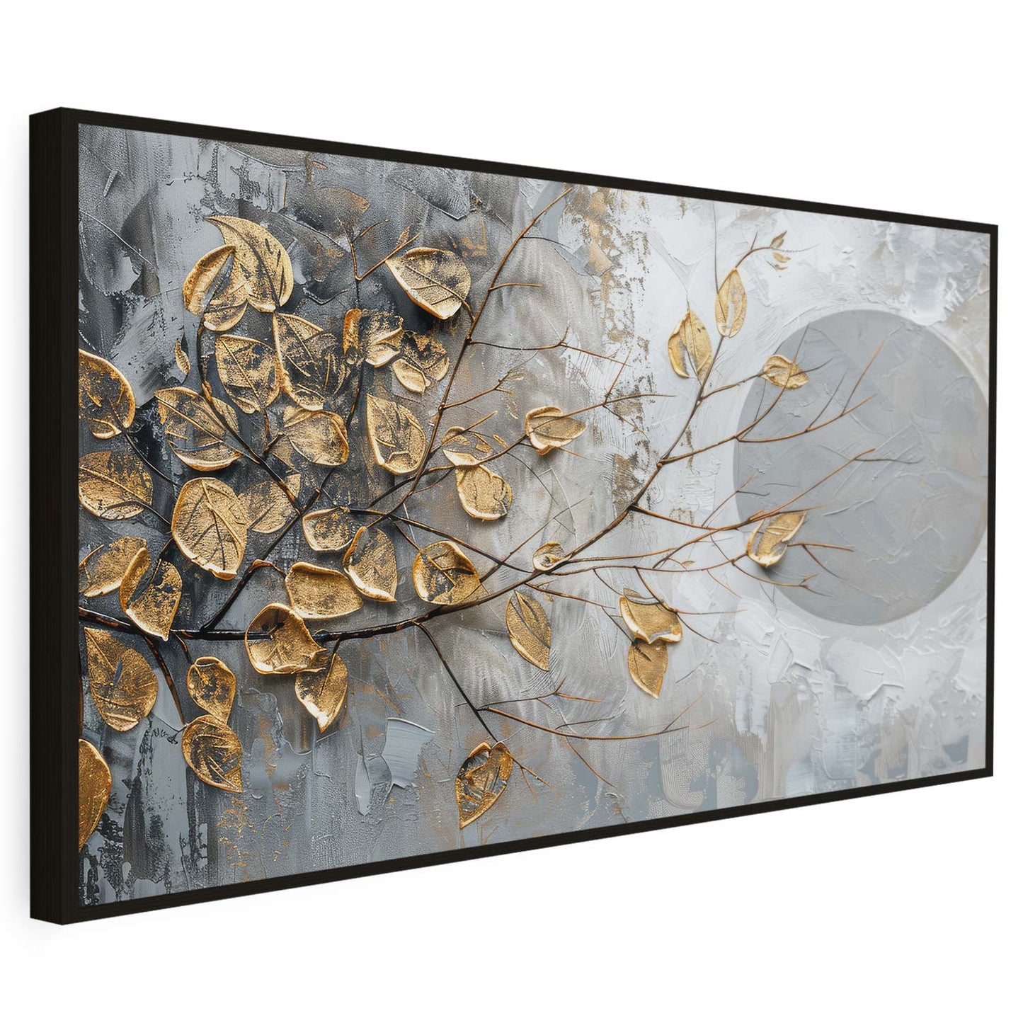 Tableau sur toile abstraite avec des feuilles d'arbre dorées KWADECO