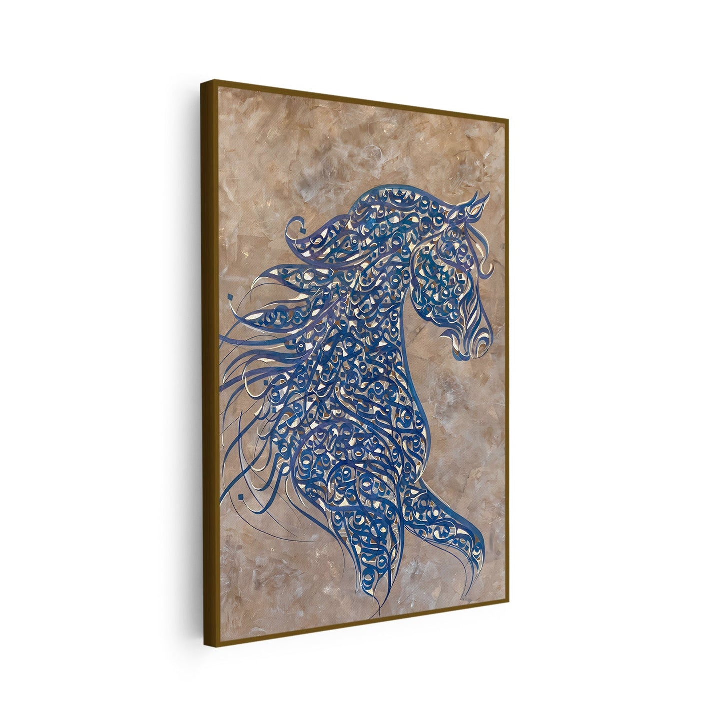 Toile calligraphiée, silhouette dorée de cheval KWADECO