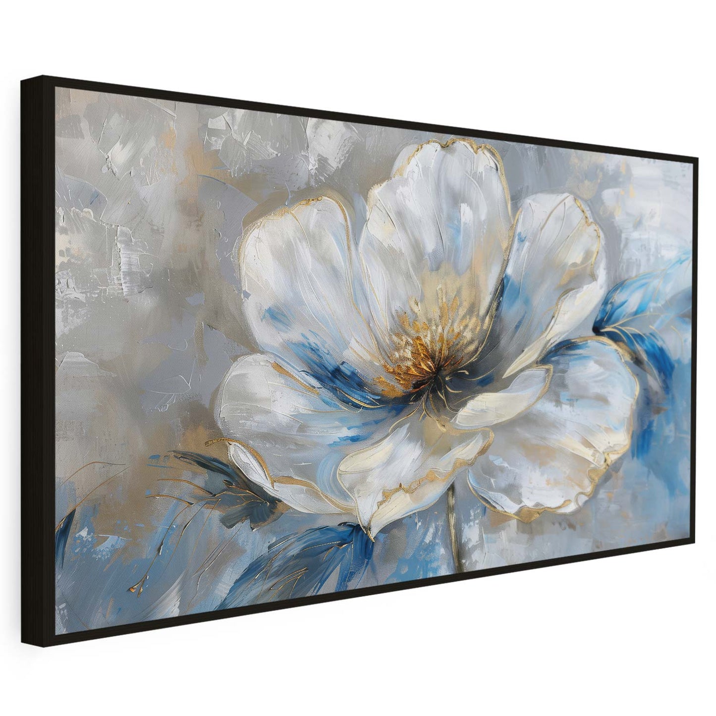 Tableau sur toile d'une fleur blanche avec des taches bleues KWADECO