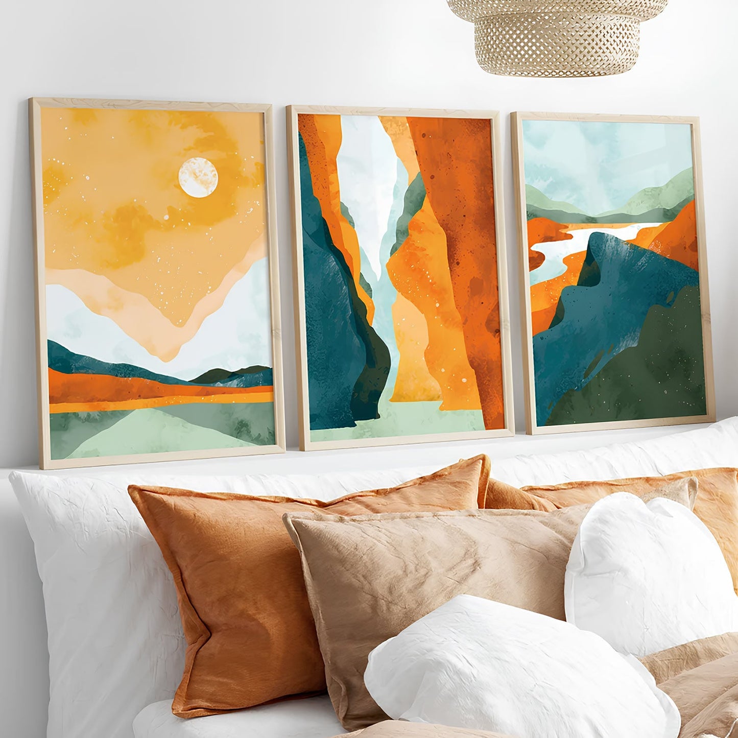 Poster sous verre aux motifs naturels, dans des tons verts et orangés KWADECO