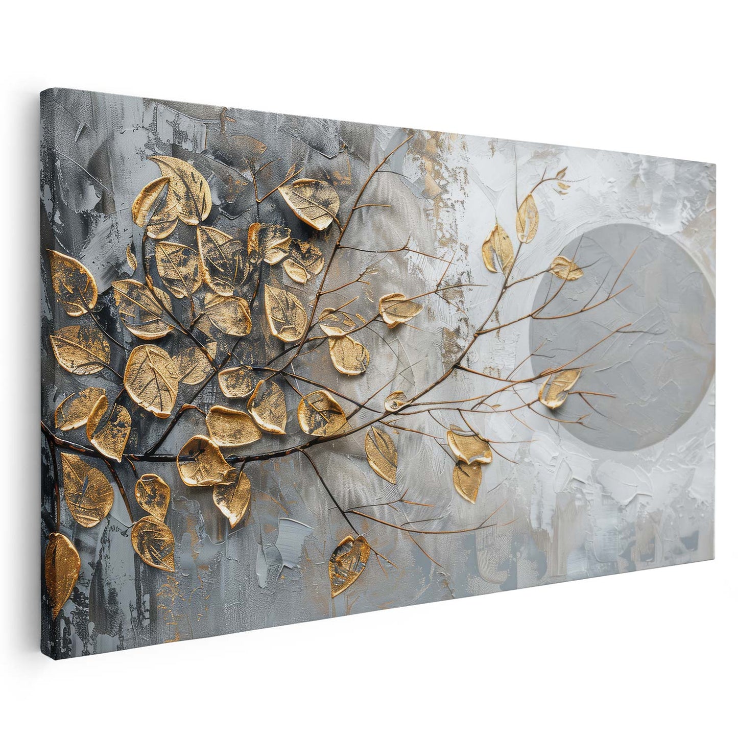 Tableau sur toile abstraite avec des feuilles d'arbre dorées KWADECO