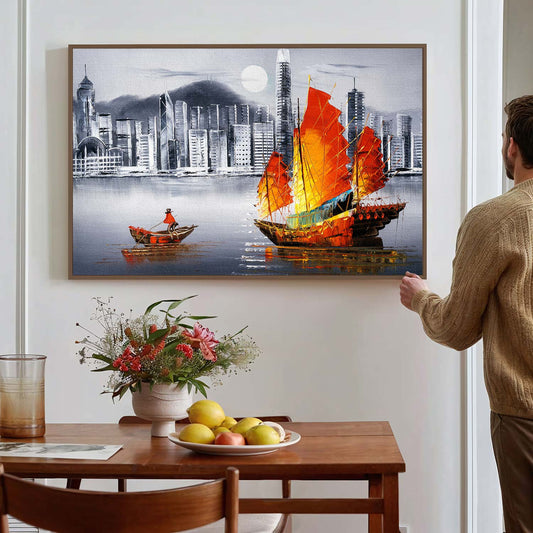 Tableau sur toile d'un navire et d'une ville