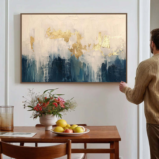 Tableau sur toile d'abstrait moderne  doré et bleu