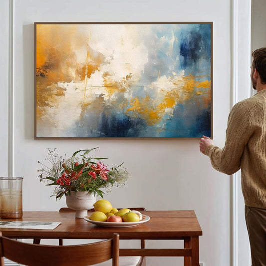 Tableau sur toile abstrait mélange entre le bleu et doré moderne