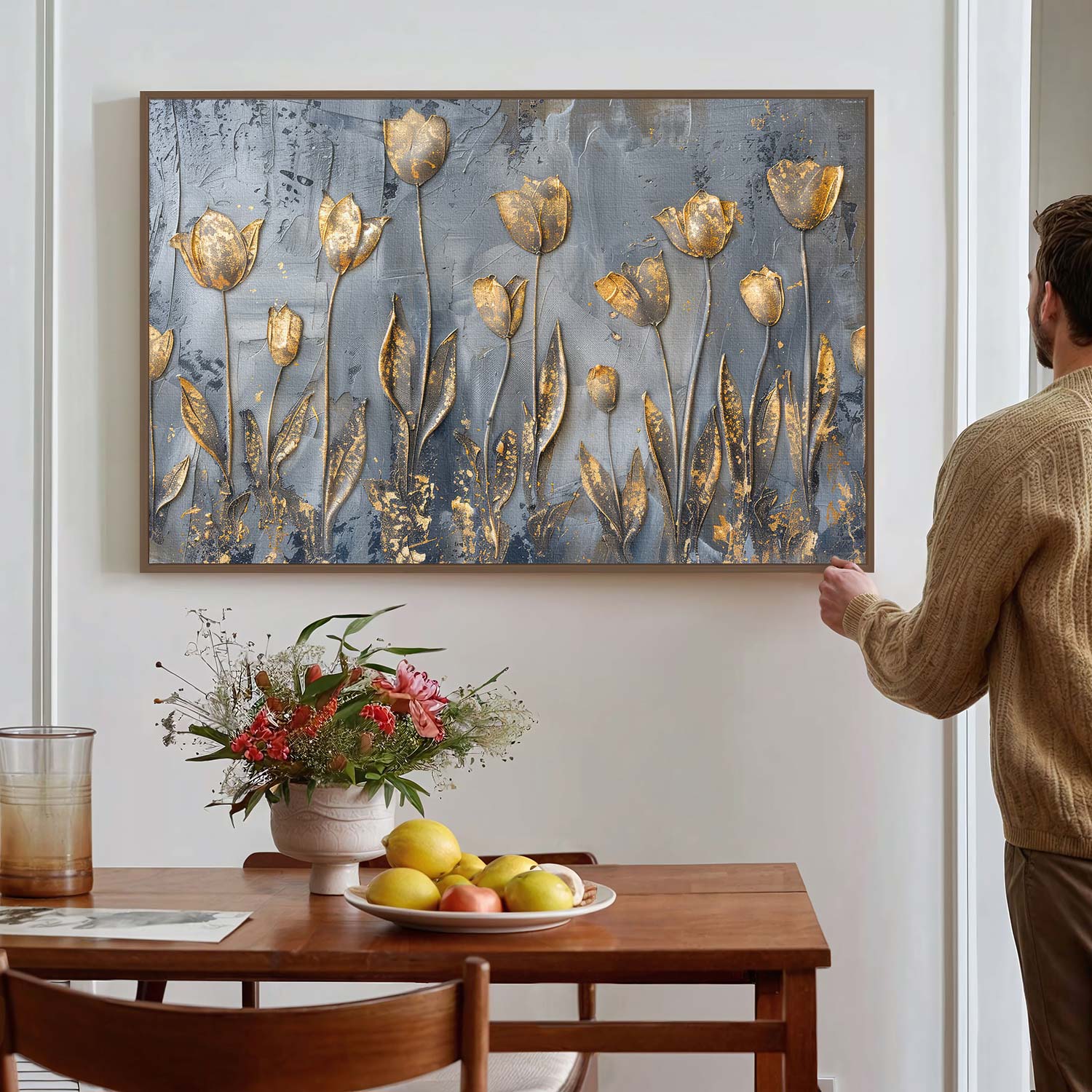 Tableau sur toile d'abstrait bleu et doré effet 3d KWADECO
