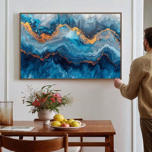 Tableau sur toile d'abstraction en bleu marbré