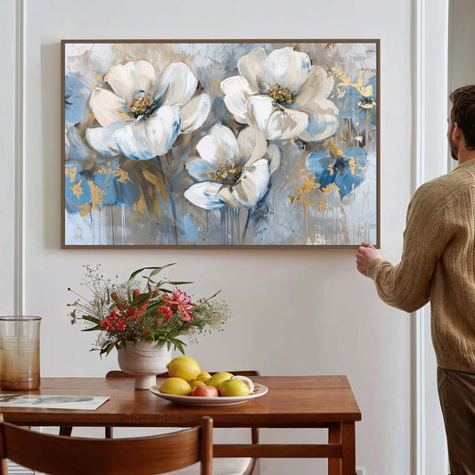 Tableau sur toile d'abstrait fleur avec taché doré et bleu