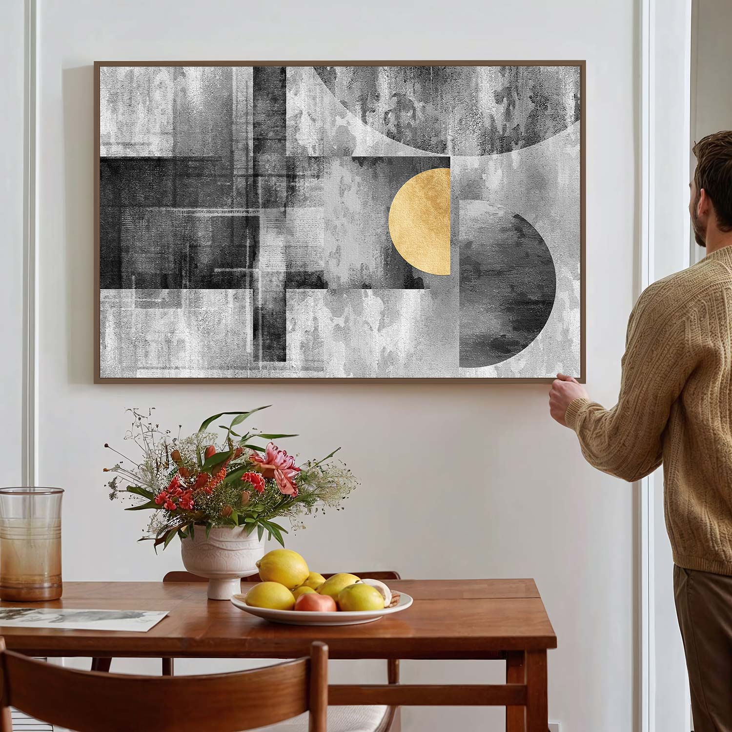 Tableau sur toile moderne avec un fond noir et  cercle doré KWADECO