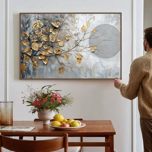 Tableau sur toile abstraite avec des feuilles d'arbre dorées