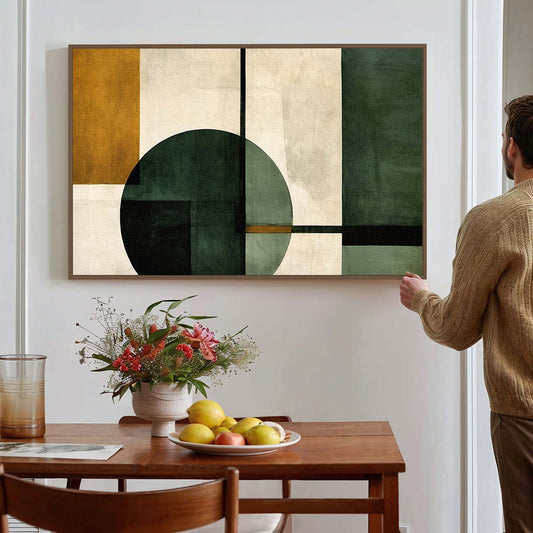 Tableau sur toile d'abstrait de formes vert et orangé KWADECO