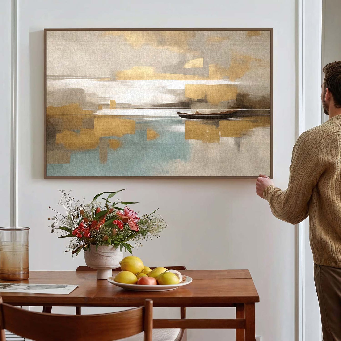Tableau sur toile de navire doré sur un fond beige KWADECO