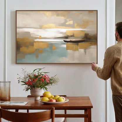 Tableau sur toile de navire doré sur un fond beige KWADECO