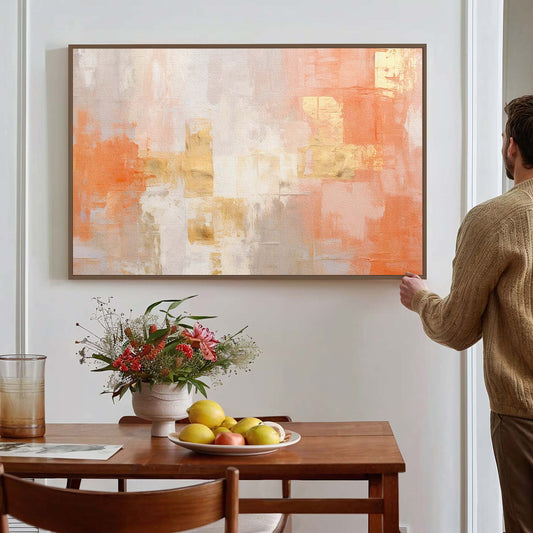Tableau sur toile d'abstrait de frome rosé avec tache doré