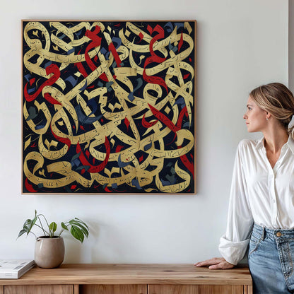 Tableau sur toile calligraphie doré et rouge KWADECO