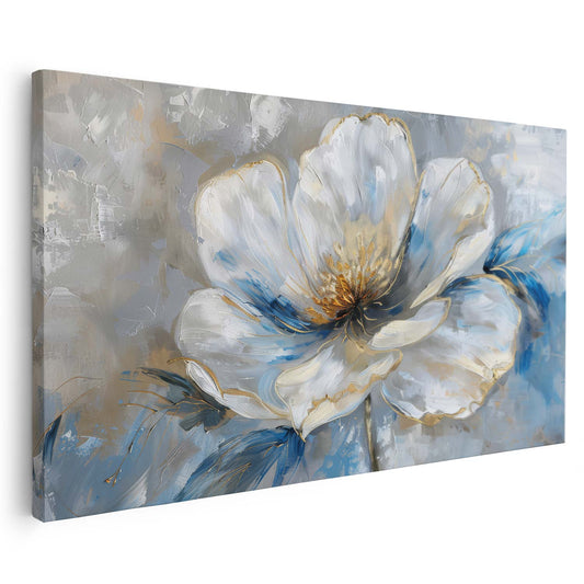 Tableau sur toile d'une fleur blanche avec des taches bleues