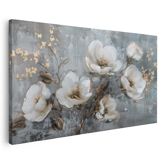 Tableau sur toile d'abstrait fleur blanc avec tache doré KWADECO