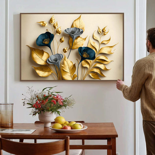 Tableau sur toile de fleurs dorées effet 3D sur fond beige