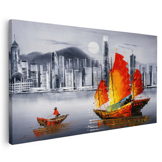 Tableau sur toile d'un navire et d'une ville