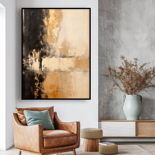 Tableau sur toile verticale d'art abstrait doré et noir moderne
