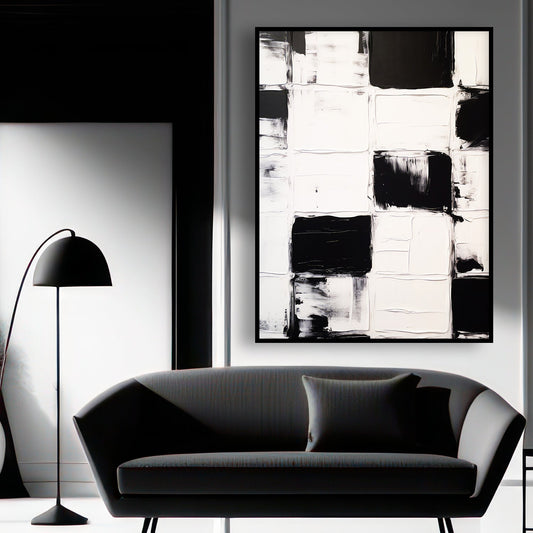 Tableau abstrait verticale en noir et blanc