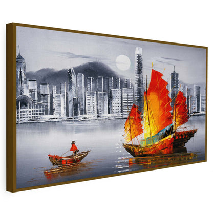 Tableau sur toile d'un navire et d'une ville KWADECO