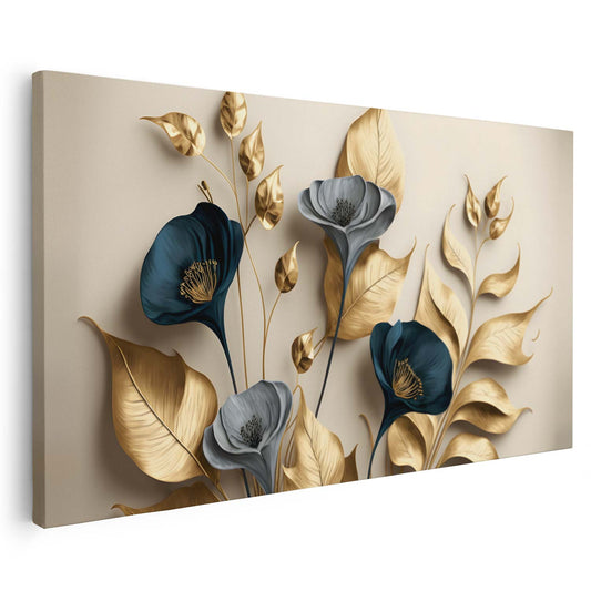 Tableau sur toile de fleurs dorées effet 3D sur fond beige