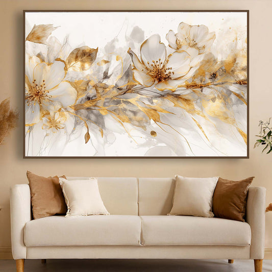 Tableau sur toile de fleurs dorées sur un fond banc