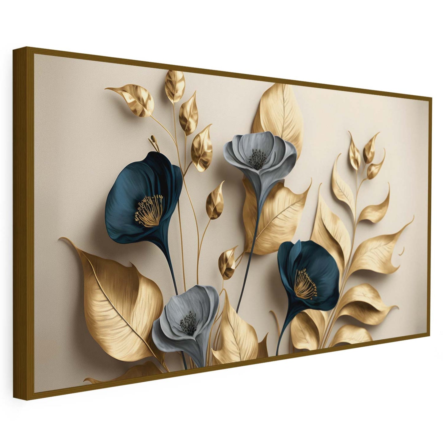 Tableau sur toile de fleurs dorées effet 3D sur fond beige KWADECO