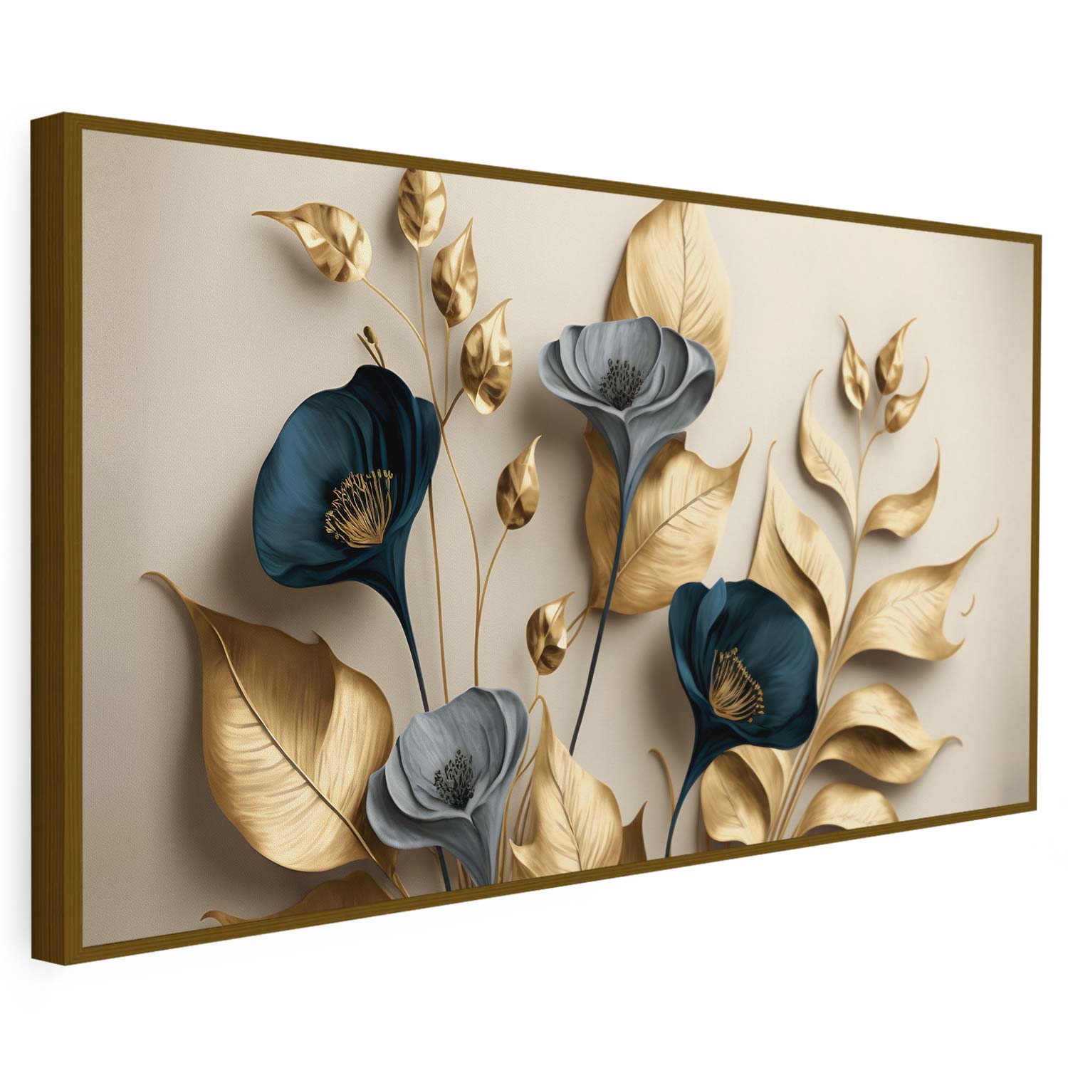 Tableau sur toile de fleurs dorées effet 3D sur fond beige KWADECO