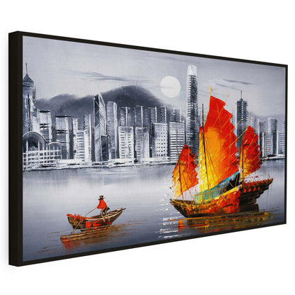 Tableau sur toile d'un navire et d'une ville KWADECO