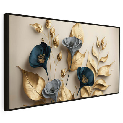 Tableau sur toile de fleurs dorées effet 3D sur fond beige KWADECO