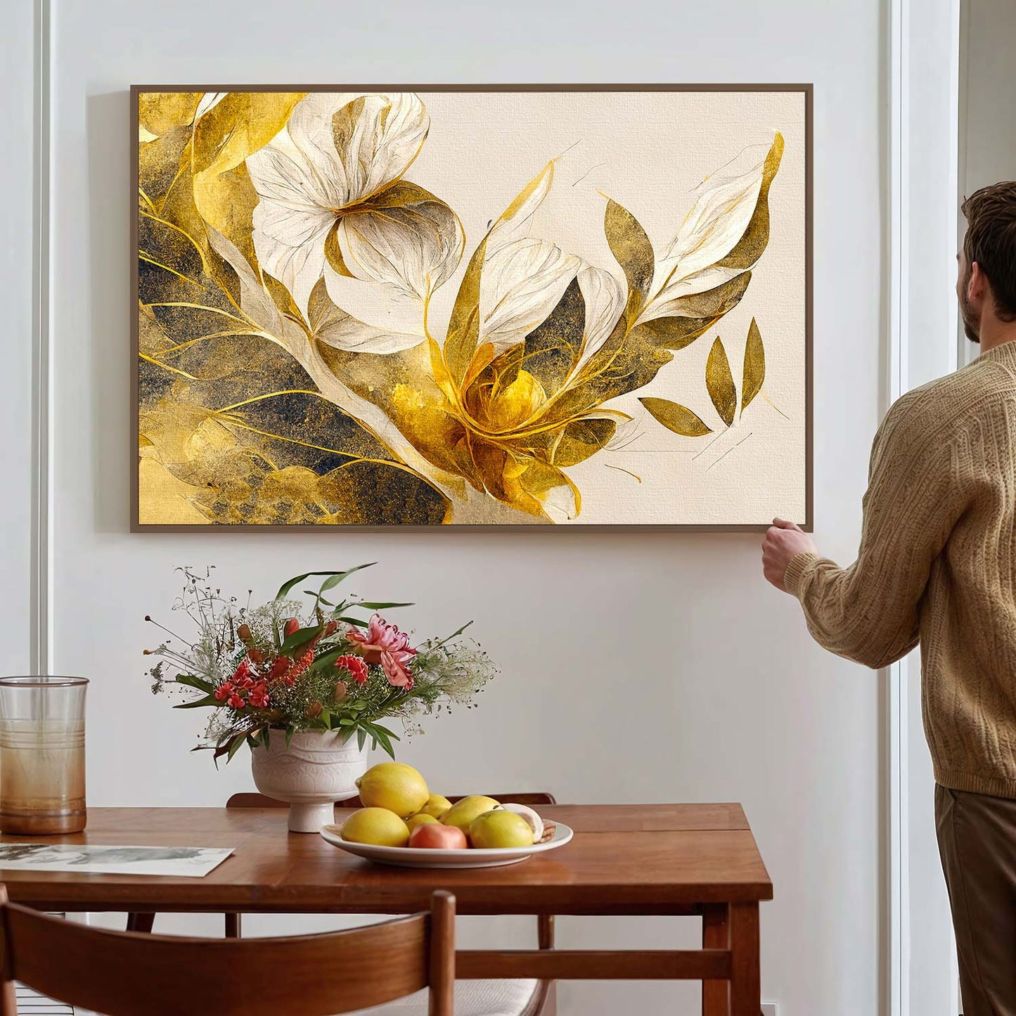 Tableau sur toile de fleurs dorées en 3D moderne art