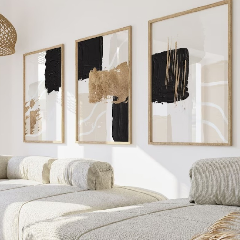 Trio de sous-verres style abstrait moderne en noir et doré KWADECO