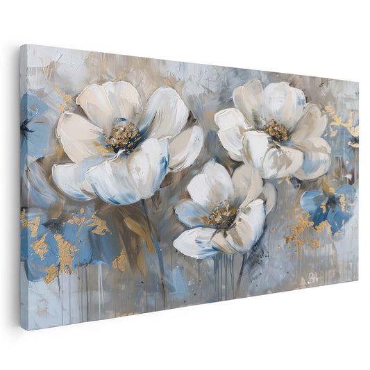 Tableau sur toile d'abstrait fleur avec taché doré et bleu